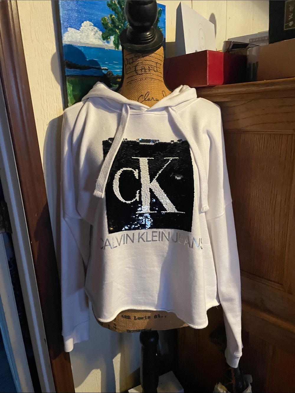 Calvin Klein Jeans White Pullover with Black Logo Patch Size Lg